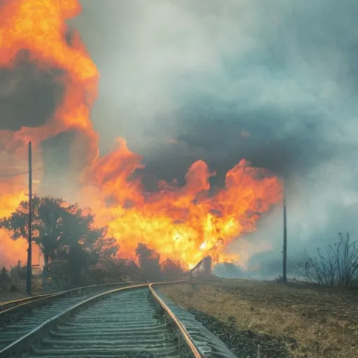 Prompt: trainwreck, devastation on the railroad, atmospheric smoke and fog, fire and flames, post-apocalyptic, Cinematic horror, high detail, 4k