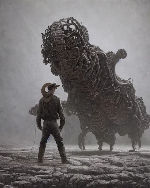 Image similar to cowboys vs lovecraftian monsters, vintage old, sepia, retrofuturism sci - fi old movie, highly detailed, photorealistic, 8 k, by beksinski and stalenhag