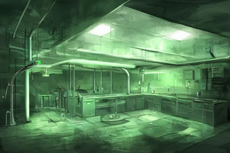 Prompt: underground lab kitchen, green water, foggy, concept art