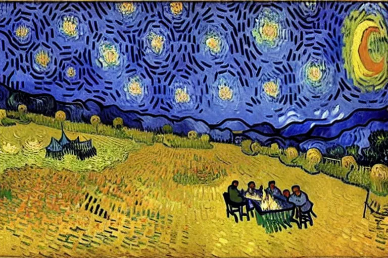 Prompt: van gogh painting of a campsite with bonfire