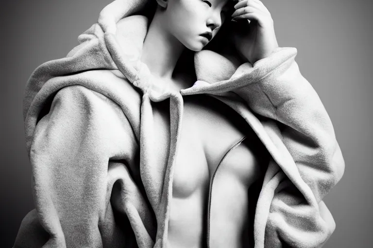 Image similar to well lit fashion shoot portrait of extremely beautiful female marble statue wearing huge over size puffer jacket by dingyun zhang, yeezy, balenciaga, vetements, a cold wall, sharp focus, clear, detailed,, cinematic, detailed, off white, glamourous, symmetrical, vogue, editorial, fashion, magazine shoot, glossy