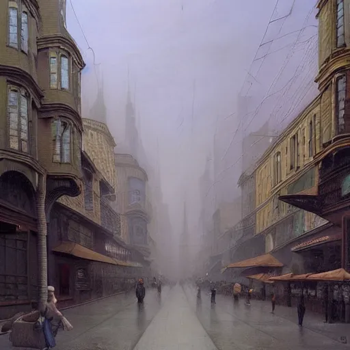 Image similar to a highly detailed and beautiful realistic oil painting of a 21st century city street in a smoky summer night, by Zdzisław Beksiński,Jean Delville, Edmund Dulac,Jean Giraud,Ellen Jewett, #vfxfriday, vivid, hyper realistic, wide angle, detailed, masterpiece, 8k resolution, matte painting, trending on artstation