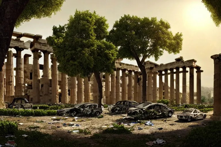 Image similar to tree growing in ancient greek ruins, gray wasteland, many scrap cars, trash, rubble, overgrown, pillars and arches, flowers, vines, hyperrealistic, highly detailed, cinematic, single ray of golden sunlight, beautiful, cgssociety, artstation, 8 k, oil painting by greg rutkowski, by artgerm, by wlop