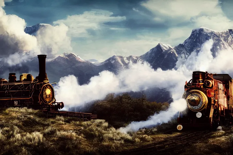 Prompt: steam engine in the mountains with huge steam clouds, snowy mountains in the background , ultra low camera angle, super wide lens, tilted camera, high speed motion, cinematic, ultra resolution, octane render, top trending artstation, 4k, 8k, hyper realistic, digital art, incredible details,