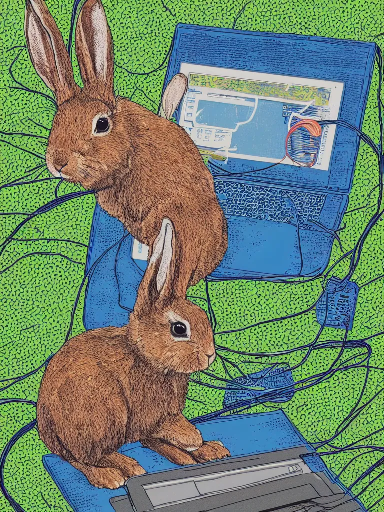 Image similar to screen print of a rabbit using laptop in nature, with wires