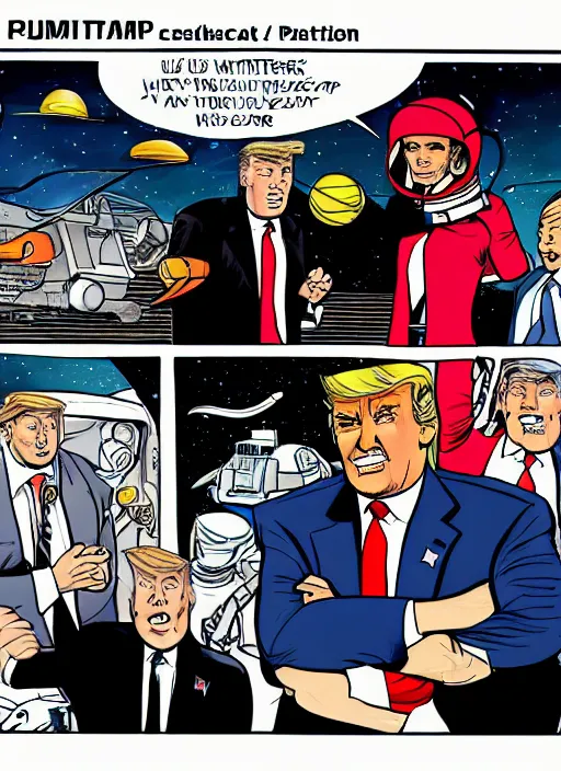 Image similar to a full page panel drawn by bill watterspn depicting trump and spaceman spiff