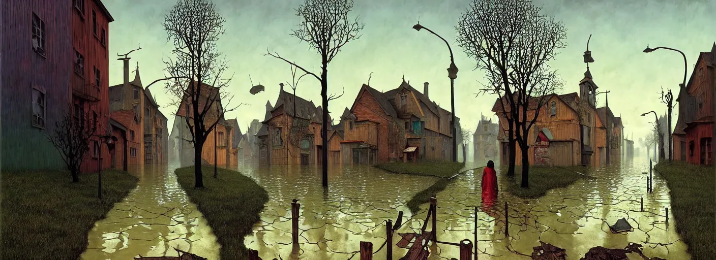 Image similar to flooded! old dark scary wooden empty cursed town street entrance, very coherent and colorful high contrast masterpiece by gediminas pranckevicius rene magritte norman rockwell franz sedlacek, full - length view, dark shadows, sunny day, hard lighting, reference sheet white background