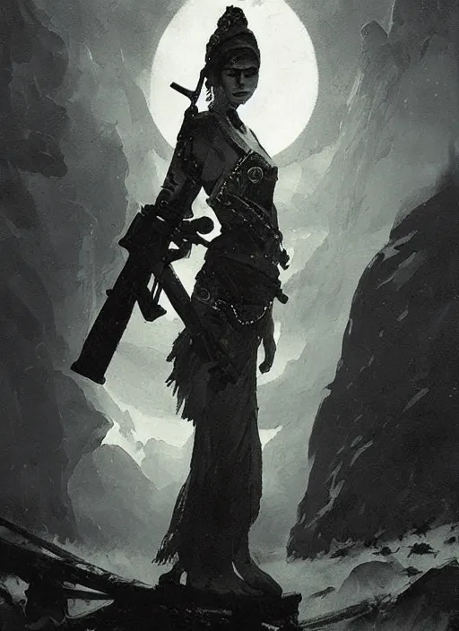 Prompt: marana slavic goddess with ak - 4 7 in arms in traditional slavic clothes : by anato finnstark kvlt by peder balke by peder balke by greg rutkowski, mystic high contrast monochromatic noir