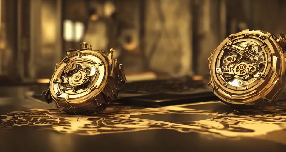 Image similar to complex 3 d render of a futuristic steampunk watch lying on a table, high detail, sharp focus, glowing interior components, intricate detail, depth of field, bokeh, cinematic lighting and composition, octane render, film grain, crisp clean geometric lines