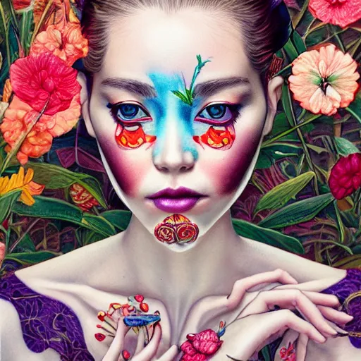 Image similar to pretty model with botanical and bright fruits : : by martine johanna and simon stalenhag and chie yoshii and casey weldon and wlop : : ornate, dynamic, particulate, rich colors, intricate, elegant, highly detailed, vogue, harper's bazaar art, fashion magazine, smooth, sharp focus, 8 k, octane render