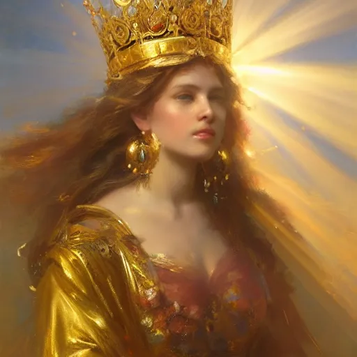 Image similar to a beautiful portrait of a sun goddess with a golden crown, sunlight beams, god rays, volumetric lighting, by daniel gerhartz, detailed, 8 k