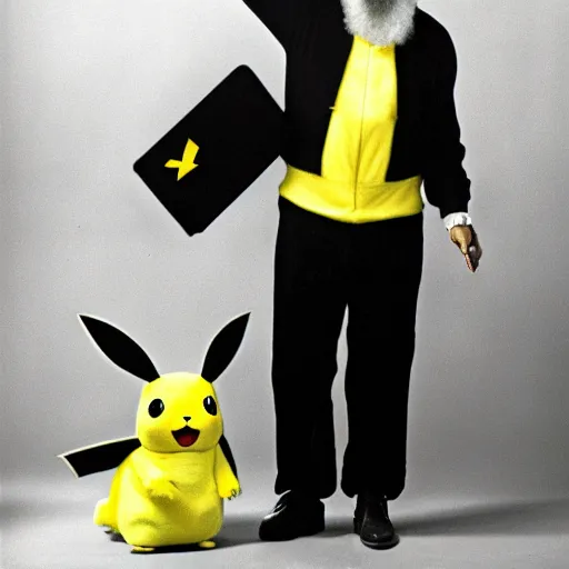 Prompt: a portrait photograph of Bob Ross Wearing a pikachu suit