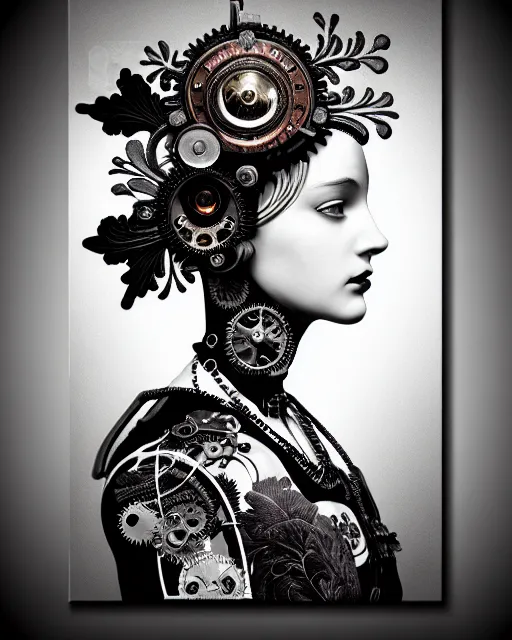 Prompt: black and white masterpiece profile portrait painting with no frame, dutch masters, silver lace floral steampunk biomechanical beautiful one techno eye young female cyborg, big monocular, volumetric light, hibiscus flowers, by dora maar, rim light, big gothic fashion pearl embroidered collar, 8 k