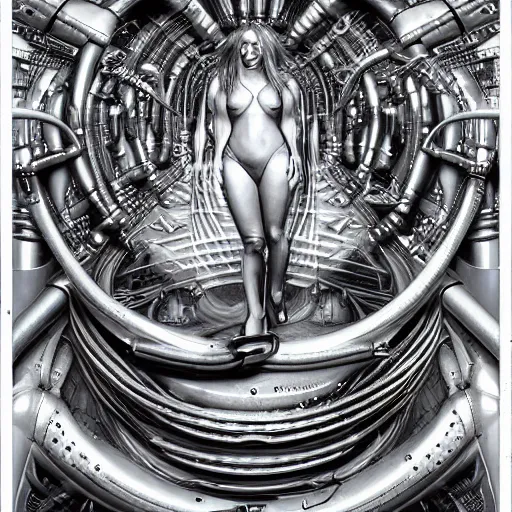 Prompt: britney spears encased in biomechanical machine, heavy conduits, complex scene, rich composition, heavy in detail, corruption, smooth, sharp focus, airbrush, illustration, art by h. r. giger