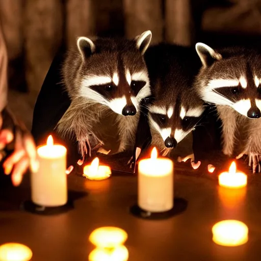 Image similar to dslr photo, a group of raccoons wearing dark cult robes perform a dark occult evil ceremony inside the secret lair of an underground mystery cult, dramatic candlelight, pentagrams, ultra - detailed, photorealistic, 4 k