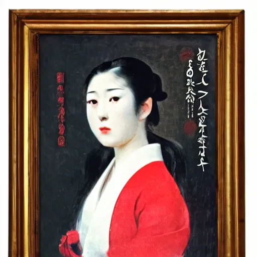 Image similar to Portrait of a japanese young lady with a long white hair and a red ribbon, Rim Lighting, Lantern, by Camille Corot