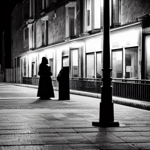 Prompt: a woman waiting for the bus at a lonely street at night, the street light is the only light on the street, lonely atmosphere, empty city, in the style of Edward Hopper, 4k,