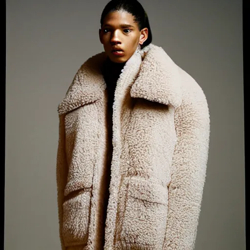 Image similar to realistic photoshooting for a new balenciaga lookbook, color film photography, portrait of a beautiful woman, model wearing a sherpa jacket, by photo in style of Tyler Mitchell, 35mm,