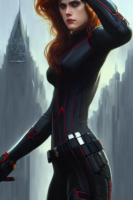 Image similar to alexandra daddario as black widow, realistic portrait, symmetrical, highly detailed, digital painting, artstation, concept art, smooth, sharp focus, illustration, cinematic lighting, art by artgerm and greg rutkowski and alphonse mucha