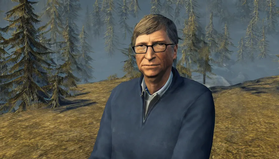 Image similar to character screenshot of bill gates, skyrim, enb, 4 k, bokeh