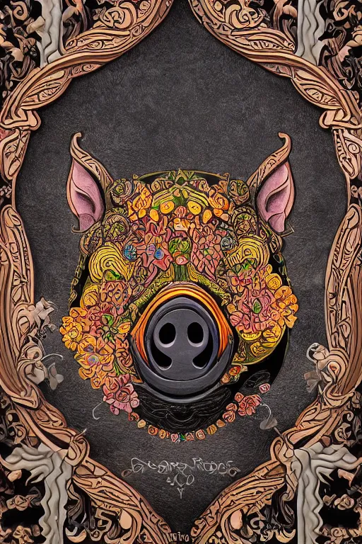 Prompt: Painted dark-wood panel relief carving of the close up of a Flowerpunk Pig, ornate border frame, explosion of colorful flowers, dark wood, intricately carved, black ink, festival of rich colors, intricate details, cinematic lighting, volumetric lighting, post-processing, art nouveau, tarot, fractal art, mandala, by andreas rocha and john howe, and Martin Johnson Heade, featured on artstation, featured on behance, golden ratio, hyper detailed, photorealistic, epic composition, center spotlight, f32, well composed, symmetrical, UE5, 8k