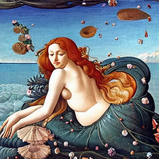 Prompt: an hyperrealistic mythological oil painting of venus with long curly brown hair, full body, wearing floral chiton, sleeping in a giant scallop shell near the seashore, intricate, elegant, renaissance style, by sandro botticelli -