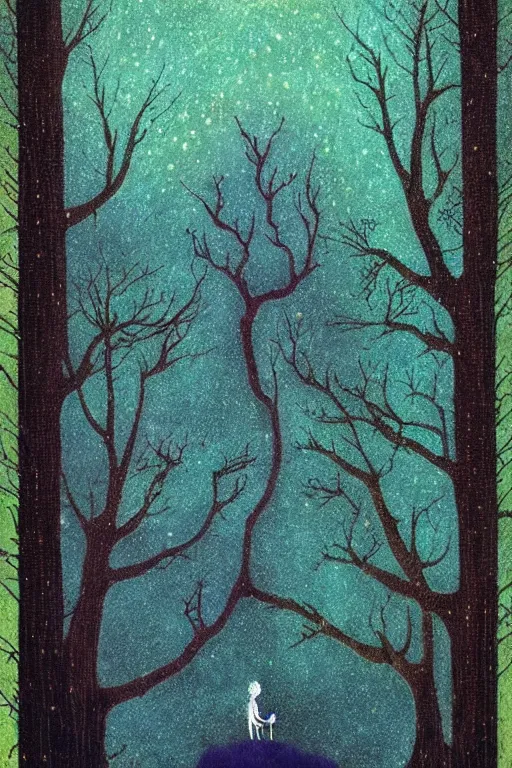 Image similar to tarot card, haunted woods, by andy kehoe