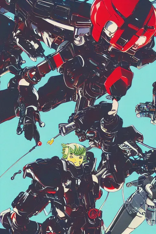 Image similar to boomers from bubblegum crisis at dusk, a color illustration by tsutomu nihei, katsuhiro otomo, masamune shirow