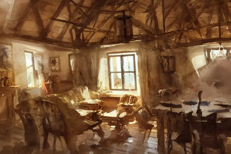 Image similar to paint brush strokes, abstract watercolor painting of rustic village house, interior closeup, medieval straw roof, scandinavian viking age, ambient lighting, art by hans dahl, by jesper ejsing, art by anders zorn, wonderful masterpiece by greg rutkowski, cinematic light, american romanticism by greg manchess, creation by tyler edlin