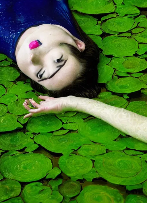 Image similar to lady laying under the river bed amongst the duck weed, underwater shot, submerged, medium shot, on the bed of the river preraphaelite colour photography, 8 k