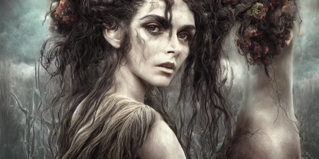 Prompt: a highly detailed matte painting of a beautiful faun woman with a dark curly mane down her back, hope sandoval, stephanie leonidas, helena bonham carter, dark, trending on artstation,