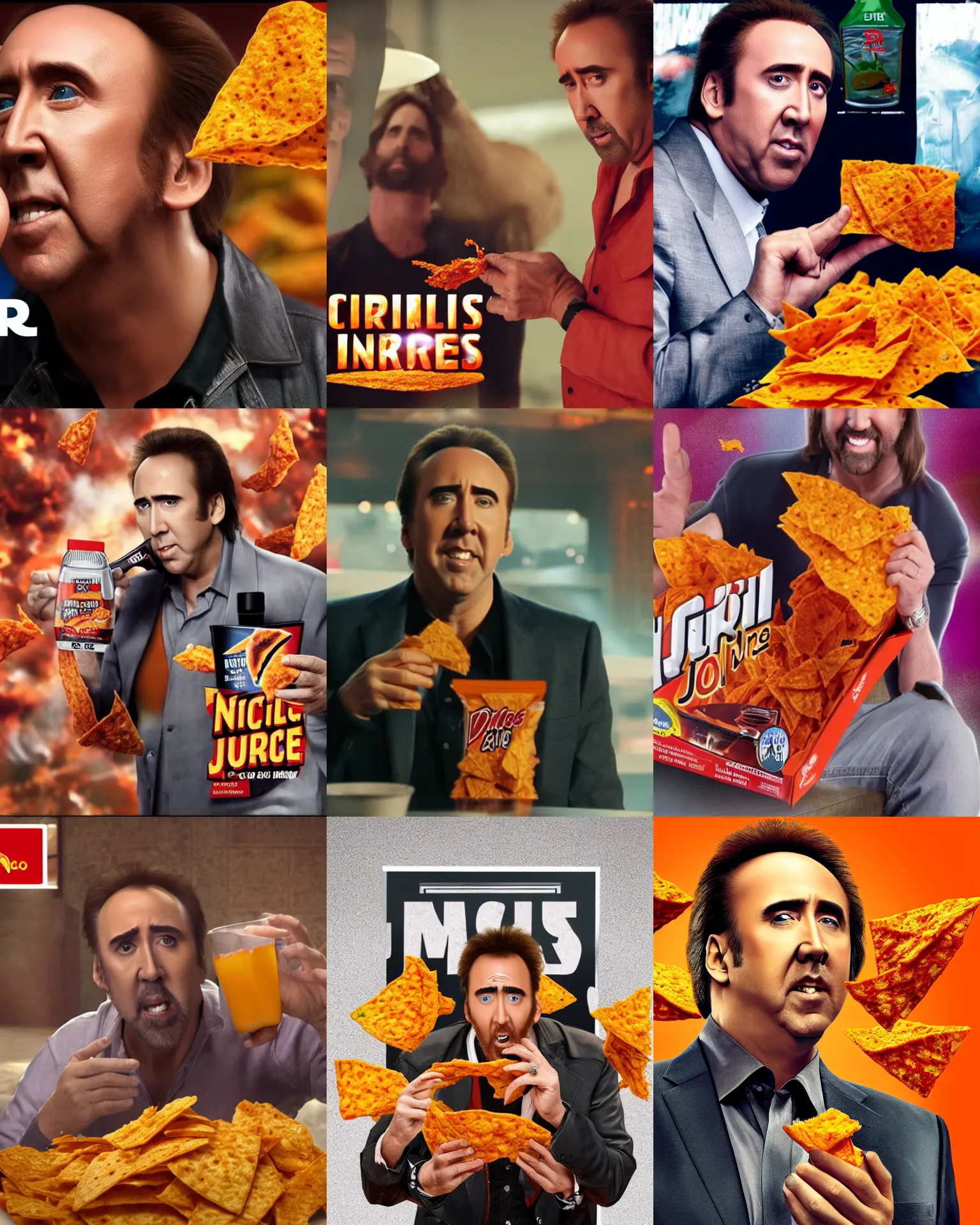 Prompt: nicolas cage happily drinking dorito juice, spilling juice, 2 0 1 5 viral product advertisement hd, commercial banner, english text