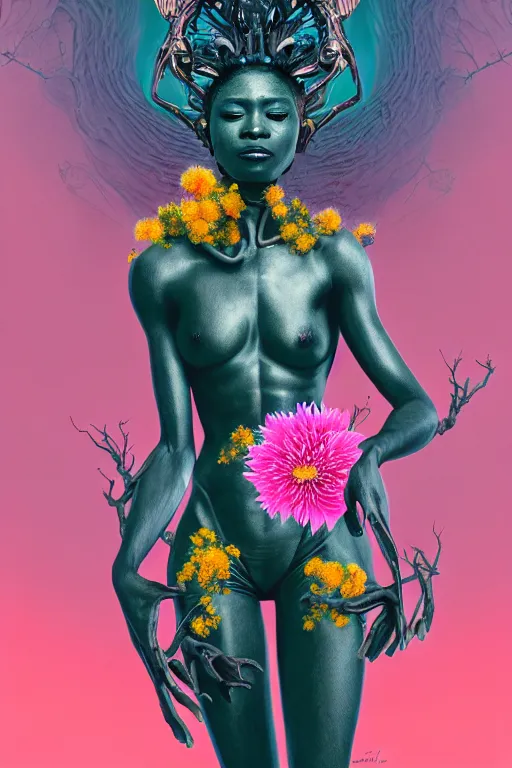 Image similar to illustration neo - rococo cinematic super expressive! yoruba goddess with exoskeleton armor, merging with tree in a forest, pink yellow flowers, highly detailed digital art masterpiece, smooth etienne sandorfi eric zener dramatic pearlescent soft teal light, ground angle hd 8 k, sharp focus