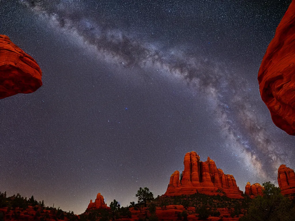 Image similar to sedona's cathedral rock bluff, night, milky way, intricate lines, elegant, extreme detail, sharp focus, photo realistic, ultra realistic, photographic