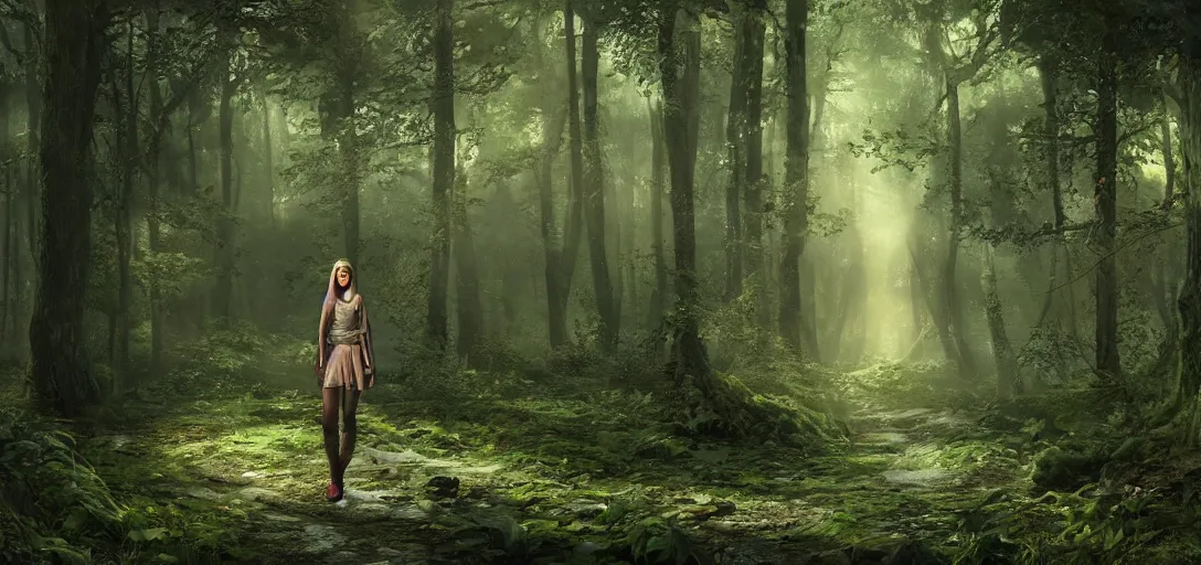 Image similar to A beautiful hyper realistic ultra detailed lifelike matte painting of a lost girl in the woods, unreal engine, deviantart, flickr, artstation, octane render, textured, colorful, extreme realistic detail, physically based rendering, pbr render, very detailed, volumetric lighting, detailed lighting, octane render, 4k, cinematic lighting, 8k resolution