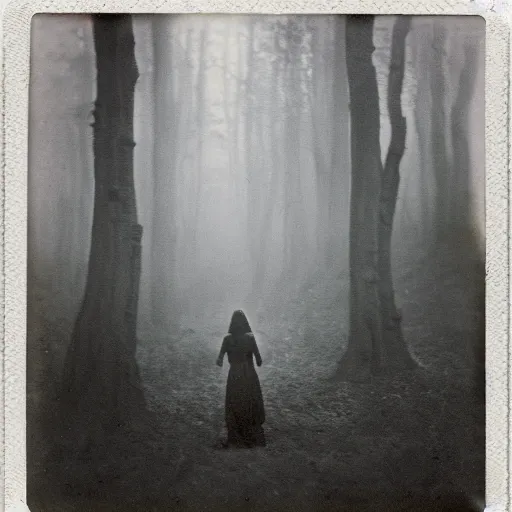 Image similar to an ancient evil-girl on a mysterious fractal forest, mist, 1910 polaroid photography, Black and white