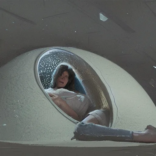 Prompt: a woman sleeping in hibernation pod, by craig mullins, side view, in the style of blade runner, high tech, photoreal, dramatic lighting, unreal engine 5, octane rendering, ray tracing - w 1 0 2 4