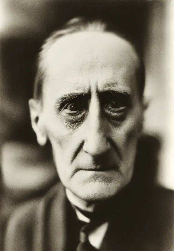 Image similar to a close - up casual photo of marcel duchamp with pensive eyes, 1 9 2 0 s monochrome snapshot, graflex 4 x 5, f 1. 8, 3 5 mm, ilford delta 3 2 0 0 pro