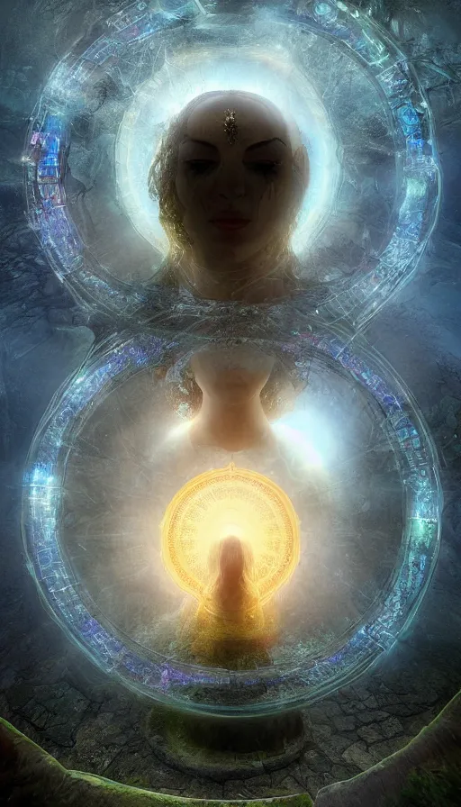 Prompt: goddess of illusion, beautiful, stunning, breathtaking, mirrors, glass, magic circle, magic doorway, fantasy, mist, bioluminescence, hyper - realistic, unreal engine, by john martin