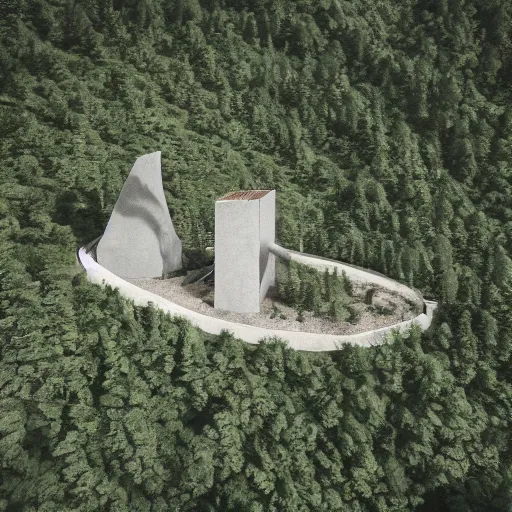 Image similar to a series of gigantic weird concrete human integrated in the mountains, surrounded by vegetation, perspective shot from the sky, realistic, by origiful, 4 k