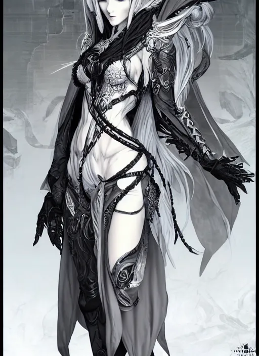 Prompt: Full body portrait of a beautiful elven female mage with black and white hair in ornate gray mage robe. In style of Yoji Shinkawa and Hyung-tae Kim, trending on ArtStation, dark fantasy, great composition, concept art, highly detailed.