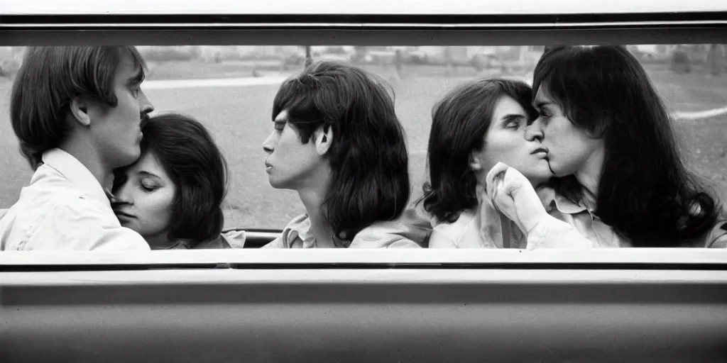 Image similar to 1 9 7 0 s car window closeup, young man and woman kissing in the back seat, coloured film photography, elliott erwitt photography