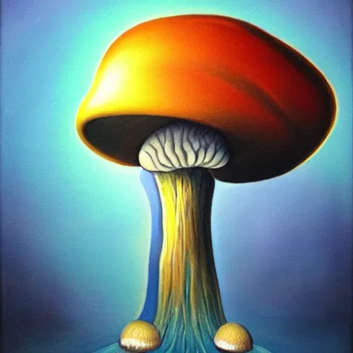 Image similar to a painting of a mushroom with a light coming out of it, an airbrush painting by joseph stella, featured on behance, geometric metaphysical painting, surrealist, airbrush art, tesseract