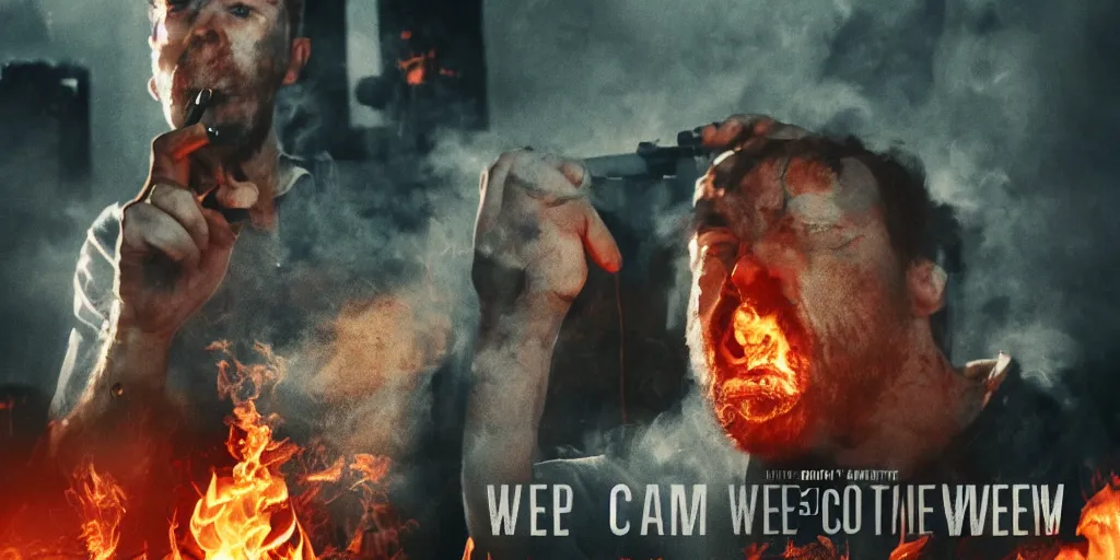 Image similar to we came, we saw, he died movie poster, focused shot, realistic, smoke, fire, octane render