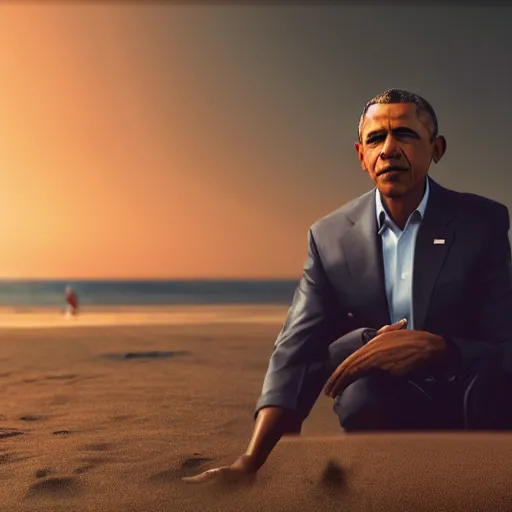 Image similar to Barak Obama on the beach, artistic, 8k, dramatic lighting, octane render, beeple