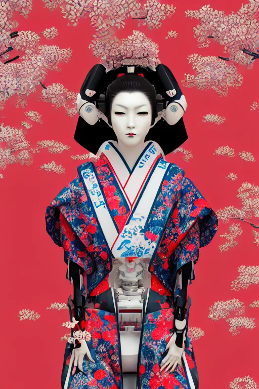 Image similar to full body portrait of a generative design exoskeleton Japanese robot geisha with kanji tattoos and decals wearing a digital pixelated kimono, intricate design, photorealistic, octane render, raytraced, ultra fine detailed, character design, trending on artstation