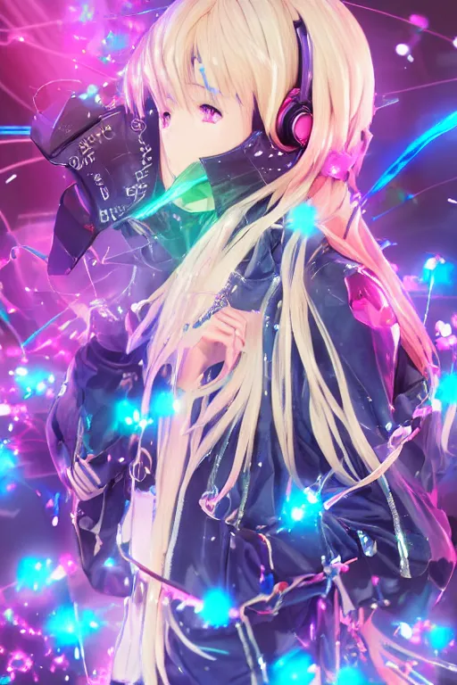 Image similar to portrait of an 3d anime character with cute sparkly eyes wearing a psychedelic holographic hoodie and headphones, long hair with pastel colors in the style of code vein by Kurumi Kobayashi Koichi Itakura, 3d anime, octane render, dynamic dramatic lighting, with glitch and chromatic abbreviations, artstation, cgsociety, imaginefx, by anime concept artist, rendered in unreal engine, by WENJR, WLOP, artgerm