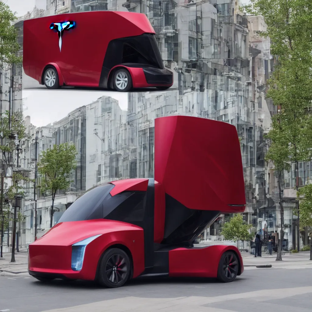 Prompt: tesla cybertruck on a street,