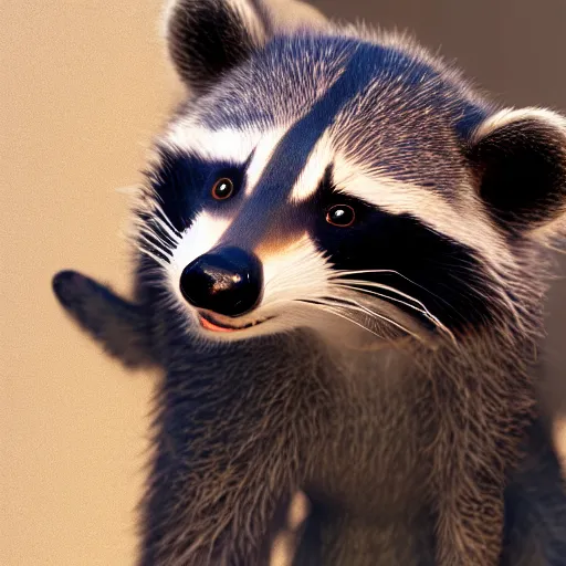 Image similar to a raccoon with a telephoto lens for a nose, octane render, hyperrealism, photorealism, unreal engine, dramatic lighting, volumetric lighting, uplighting