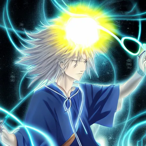 Image similar to a beautiful manga character wizard with free flowing hair holding a staff that has a glowing blue orb at the head of it emanating brilliant blue light, high detail, high resolution